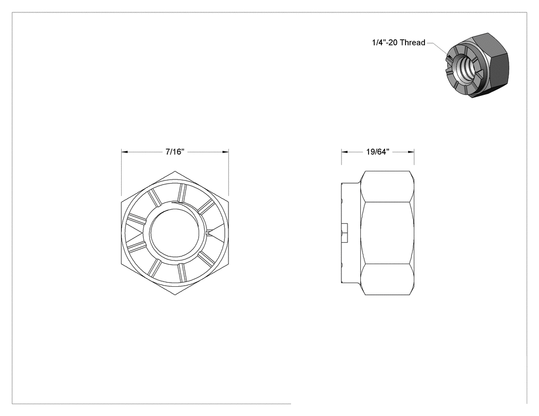 Teknik Çizim - Top-Lock Deforme Edilmiş Dişli Kilit Somunu, Aşırı Mukavemetli Çelik, 9 Sınıfı, 1/4"-20 Diş Boyutu