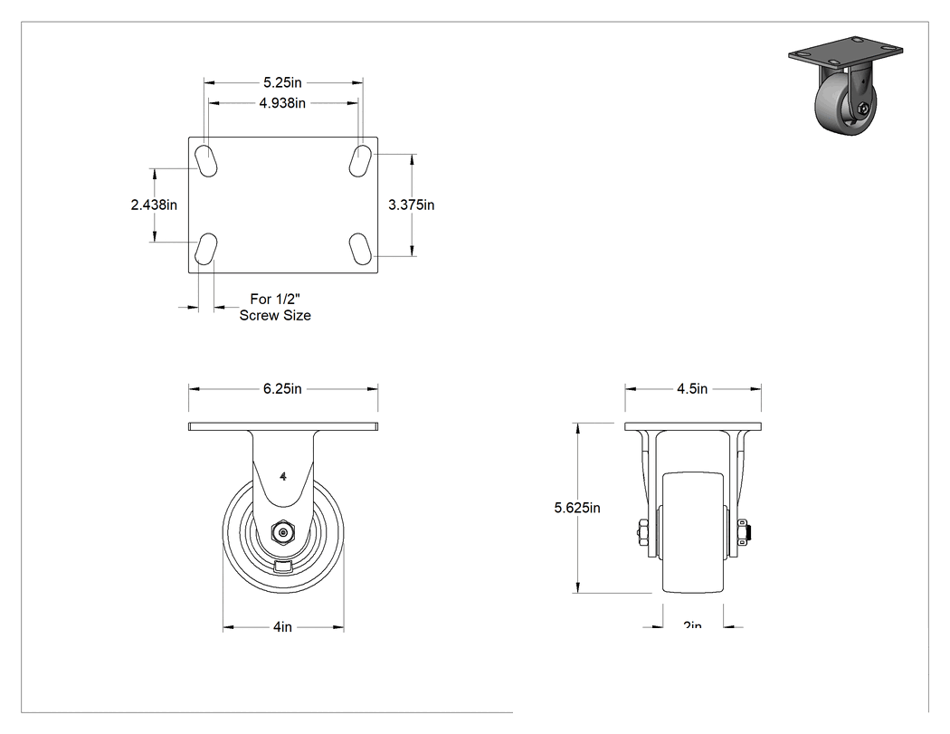 Teknik Çizim - Yüksek Kapasiteli Spartan Tekerlek, 6-1/4" x 4-1/2" Plaka, 4" Çapında Fenolik Tekerlekli Sert