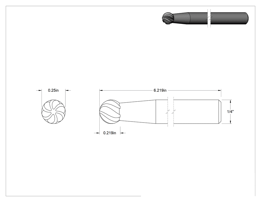 Teknik Çizim - Yumuşak Metaller ve Plastik için Ekstra Uzun Frez, Bilye, 1/4" Baş Çapı