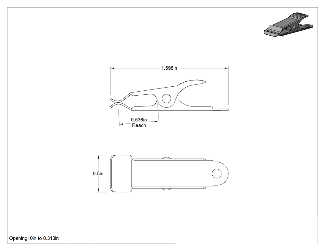 Teknik Çizim - Minyatür Yaylı Kelepçe, 18-8 Paslanmaz Çelik, 0" - 5/16" Açıklık