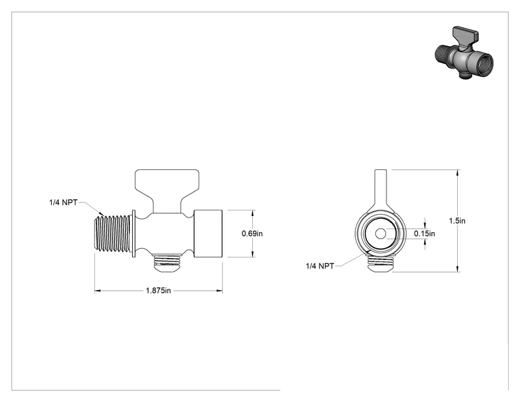 Teknik Çizim - Pirinç Gövdeli Açma/Kapama Vanası, Kompakt, T-Saplı, 1/4 NPT Dişi x 1/4 NPT Erkek