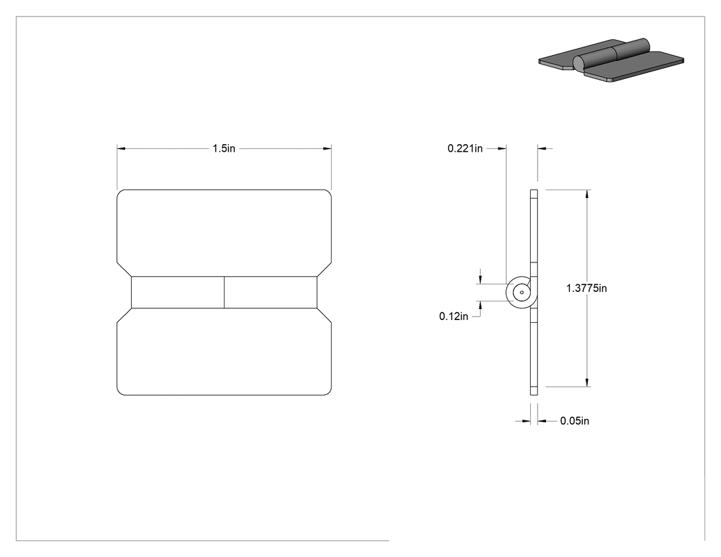 Teknik Çizim - Delikli Olmayan Kaldırma Menteşesi, 304 Paslanmaz Çelik, Parlatılmış, Sağ Montaj, 1-1/2" x 23/32" Kapı Kanadı