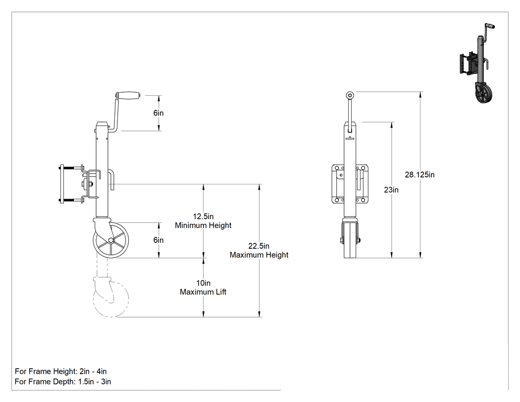 Teknik Çizim - Tekerlekli Dengeleme Krikosu, Katlanabilir, 1200 lb. Kapasite, 12-1/2" Minimum Yükseklik