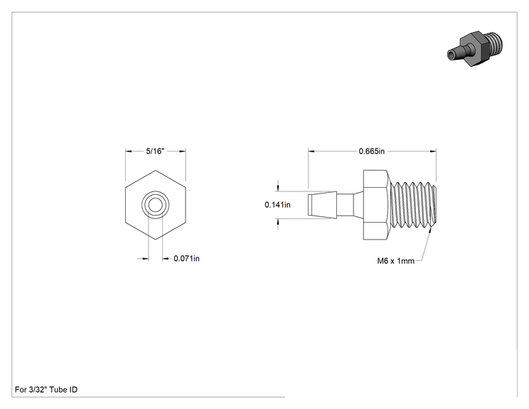 Teknik Çizim - Gıda ve İçecek için Süper Akışlı Tırnaklı Bağlantı Elemanı, 3/32" Boru İç Çapı x M6 x 1 mm Boru için Düz Adaptör