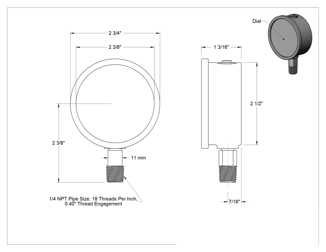 Teknik Çizim - Soğutma Basıncı ve Vakummetre, 2-1/2" Kadran, 1/4 NPT Erkek Alt Bağlantı, 0 ila 150 PSI