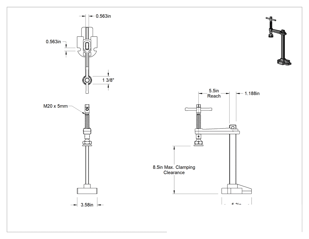 Teknik Çizim - Tezgah Üstü Sabitleme Kelepçesi, 8-1/2" Maksimum Boşluk