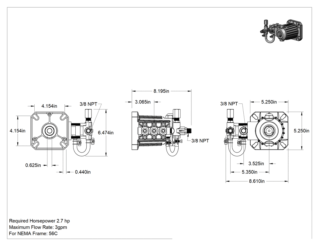 Teknik Çizim - Motorsuz Yüksek Basınçlı Sabit Akış Hızlı Pompa, Basınçlı Yıkama için, 2.0 gpm, 3/8 NPT Dişi Giriş