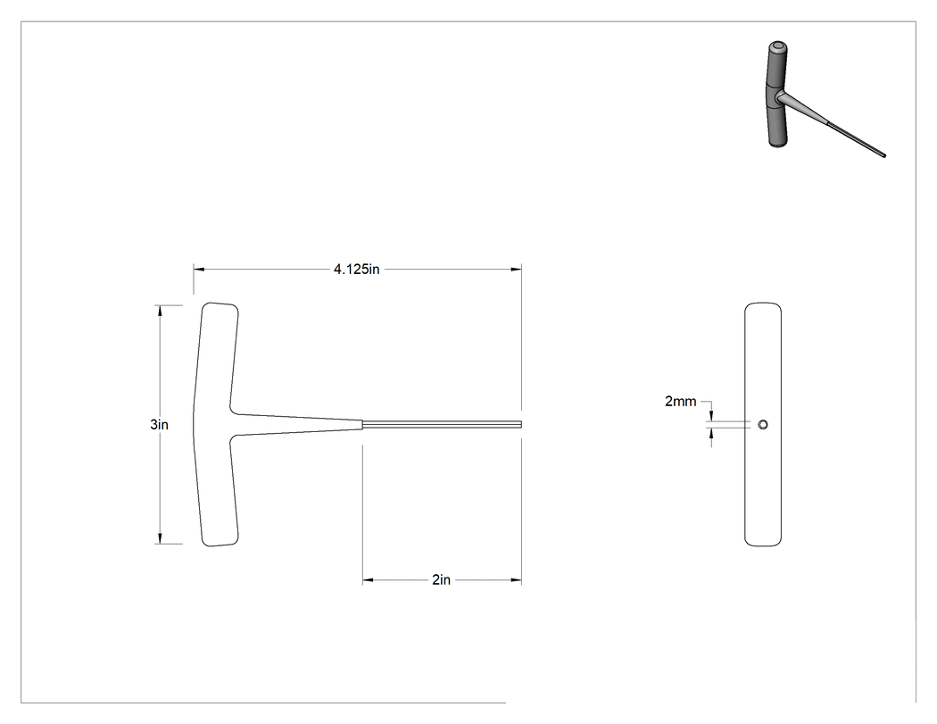Teknik Çizim - Kısa T Saplı Altıgen Anahtar, 2 mm Tahrik Boyutu, 4-1/8" Toplam Uzunluk