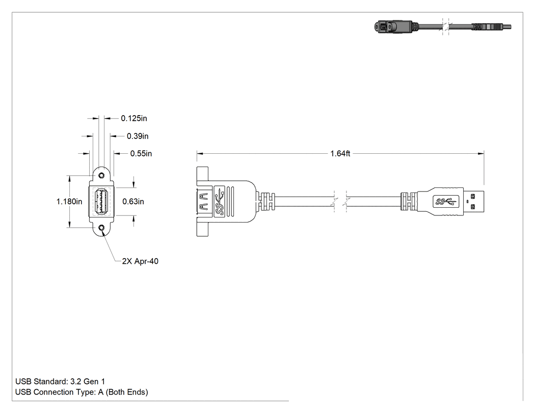 Teknik Çizim - Panele Monte USB Kablosu, USB 3.2 Gen 1, 2 Montaj Deliği Olan A Fiş x A Priz, 1.5' Uzunluk