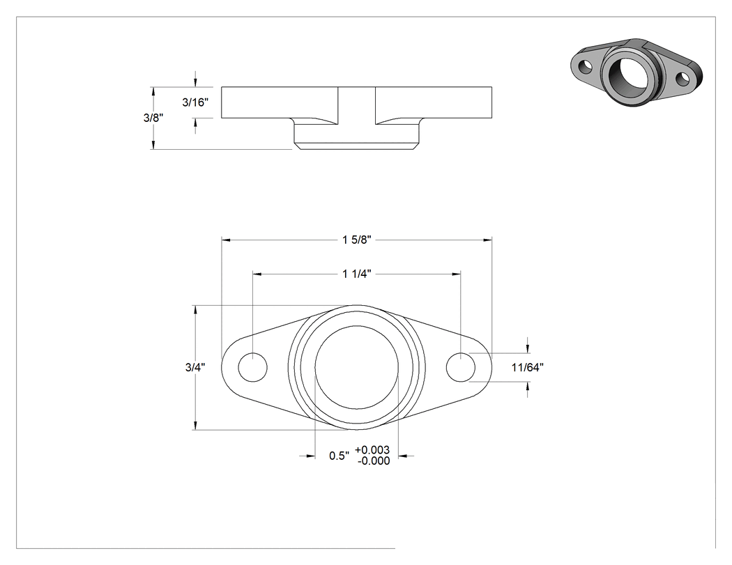 Teknik Çizim - İki Cıvatalı Flanş Montajlı Rulman Muhafazası, 3/8" Yatak Genişliği için, 1-5/8" Toplam Uzunluk