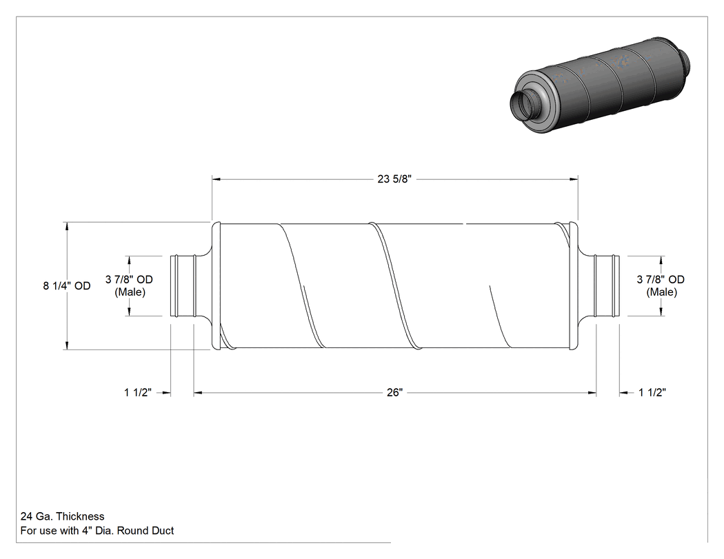 Teknik Çizim - Gürültü Azaltıcı, Kanal Boyutu, 4, 3-7/8" Erkek Dış Çap