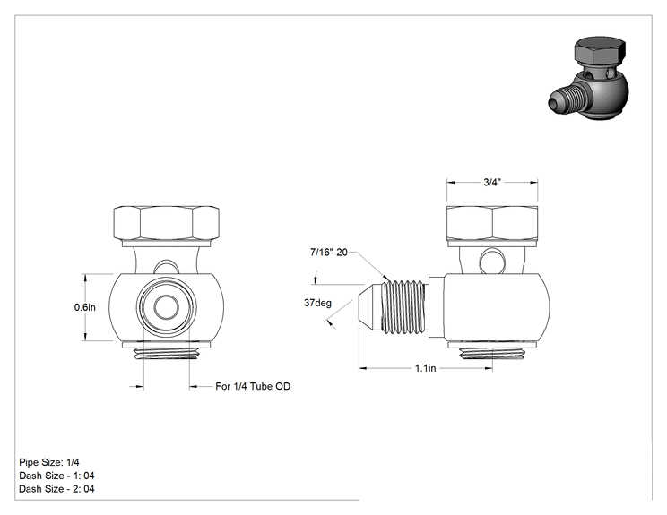 Teknik Çizim - Çelik Boru için 37 Derece Havşalı Bağlantı Parçası, 1/4" Dış Çaplı Boru x 1/4 BSPP Erkek için 90 Derece Dirsek