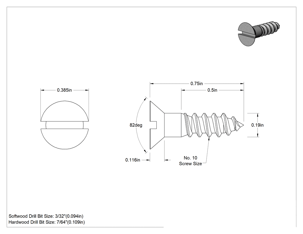 Teknik Çizim - 18-8 Paslanmaz Çelik Ahşap için Yivli Havşa Başlı Vidalar, 10 Numaralı Boyut, 3/4" Uzunluk