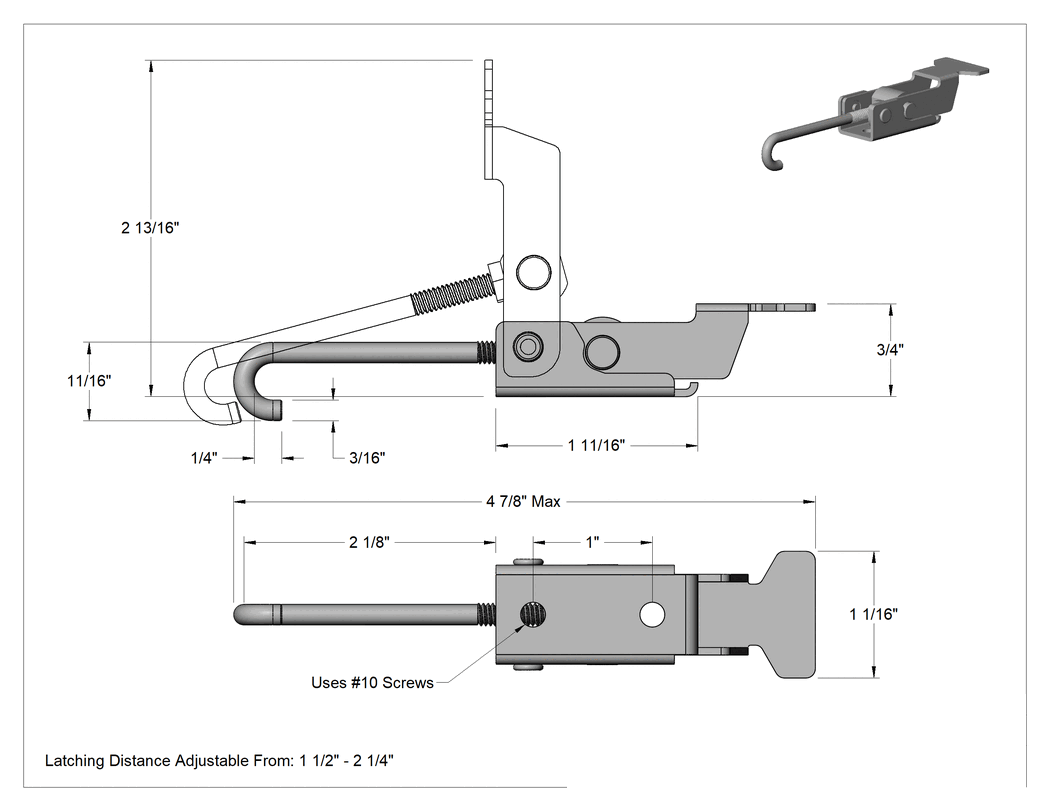 Teknik Çizim - Ayarlanabilir Tutamaklı Çekme Mandalı, Çakmasız, Çinko Kaplı Çelik, 4-7/8" Uzunluk x 1-1/16" Toplam Genişlik