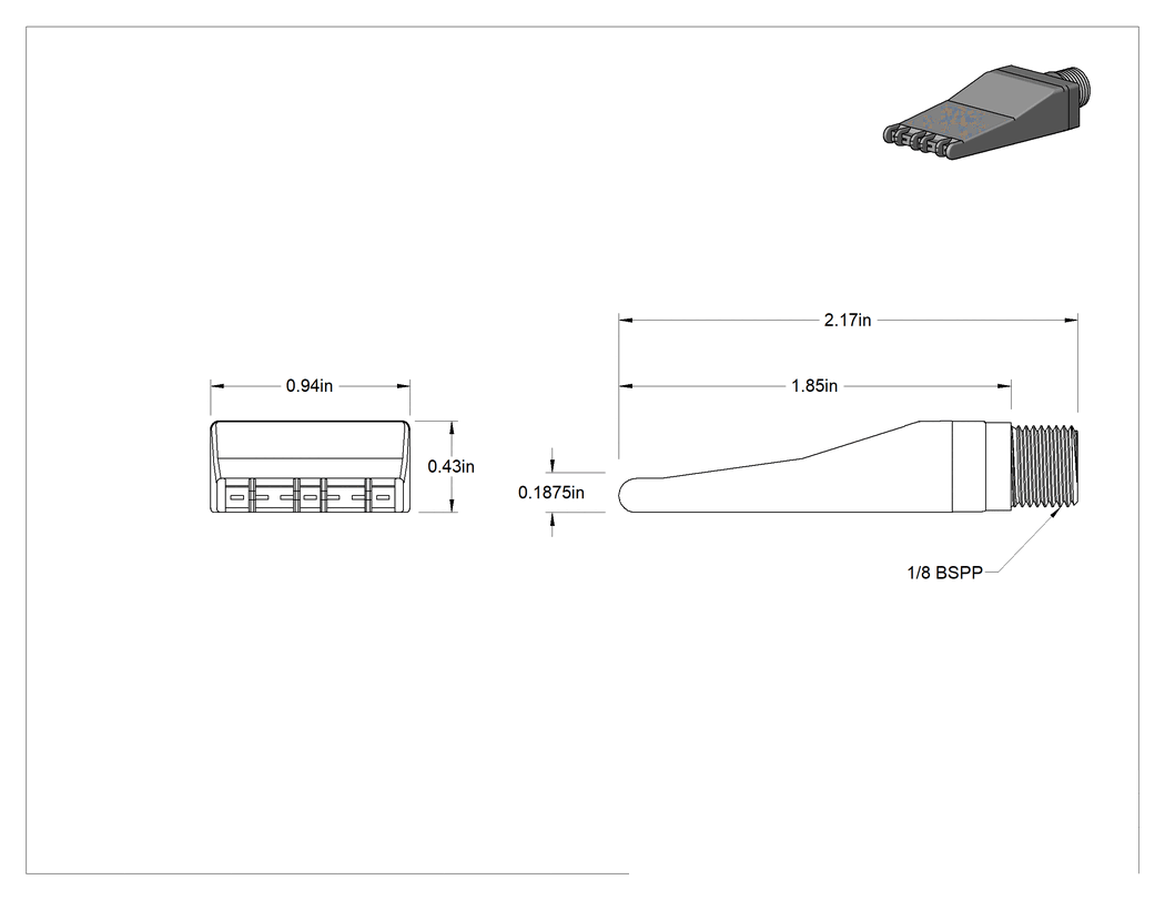 Teknik Çizim - Geniş Hava Akışlı Hava Nozulu, Çinko, 1/8 BSPP Erkek Giriş