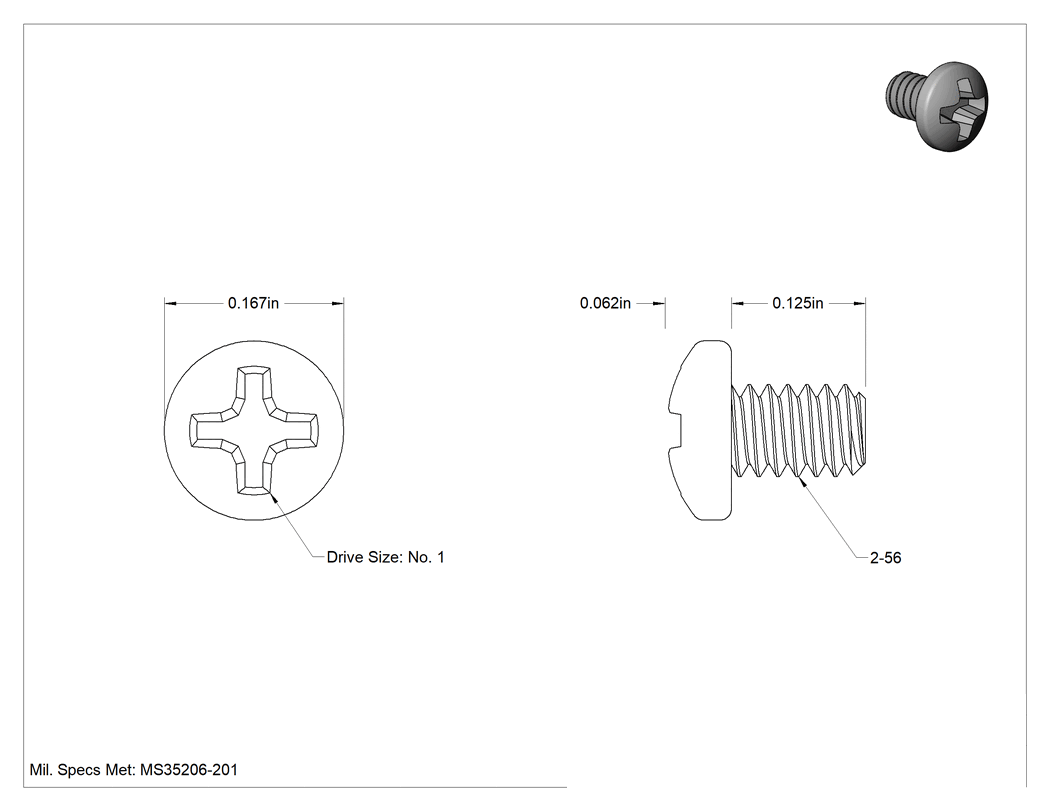 Teknik Çizim - Mil. Spec. Çelik Silindir Başlı Phillips Vidalar, 2-56 Diş Boyutu, 1/8" Uzunluk