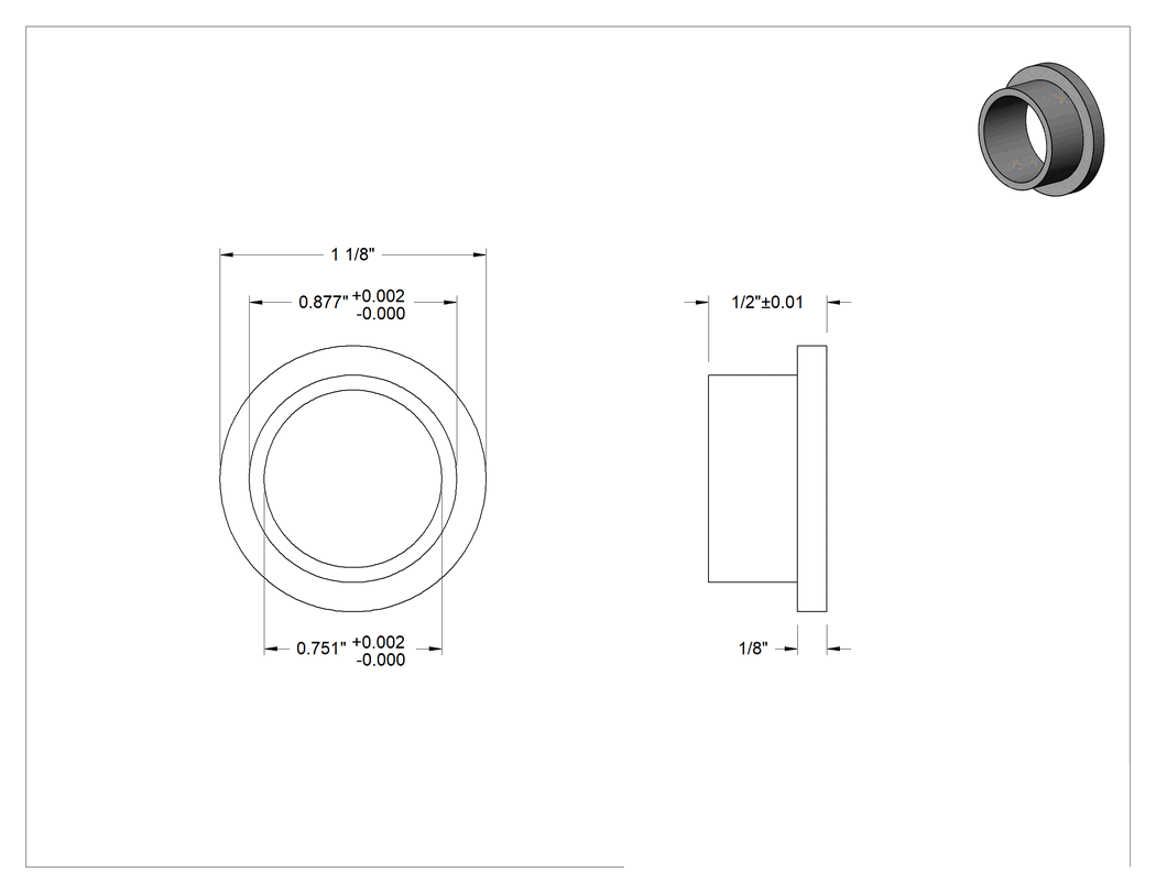 Teknik Çizim - Demir-Bakır Yağ Dolgulu Flanşlı Burçlu Yatak, Isıl İşlem Görmüş, 3/4" Mil ve 7/8" Muhafaza İç Çapı için, 1/2" Uzunluk