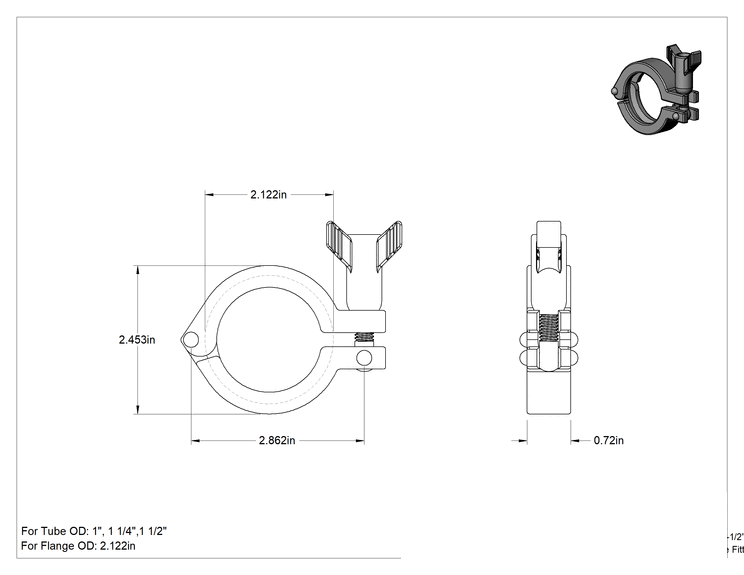 Teknik Çizim - 1" ila 1-1/2" Dış Çaplı Borular için 304 Paslanmaz Çelik Kelebek Somun Kelepçesi Yüksek Parlaklıkta Hızlı Kelepçeli Hijyenik Boru Bağlantı Elemanı