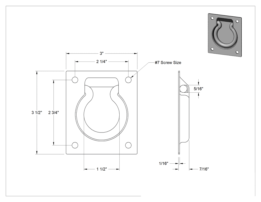 Teknik Çizim - Montaj Plakalı Gömme Katlanır Çekme Kolu, Çinko Kaplı Çelik, 2" Dişsiz Delikli Çıkıntı