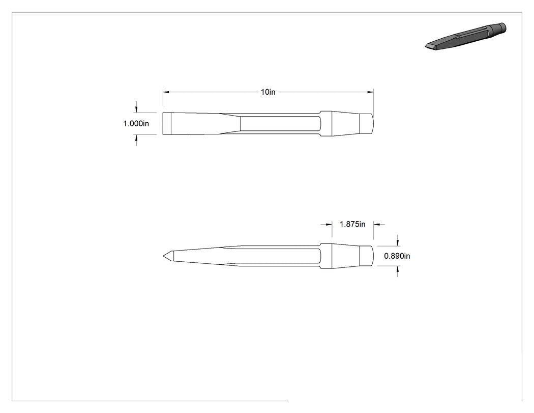 Teknik Çizim - 0.89 inç Yuvarlak Şaftlı Keski Ucu, Yıkım Çekici için, 1" Genişlik Düz, 9-1/2" Toplam Uzunluk