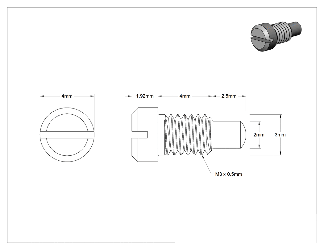 Teknik Çizim - 18-8 Paslanmaz Çelik Peynir Başlı Oluklu Vida, Uzatılmış Uç, M3 x 0.5 mm Diş Boyutu, 4 mm Uzunluk