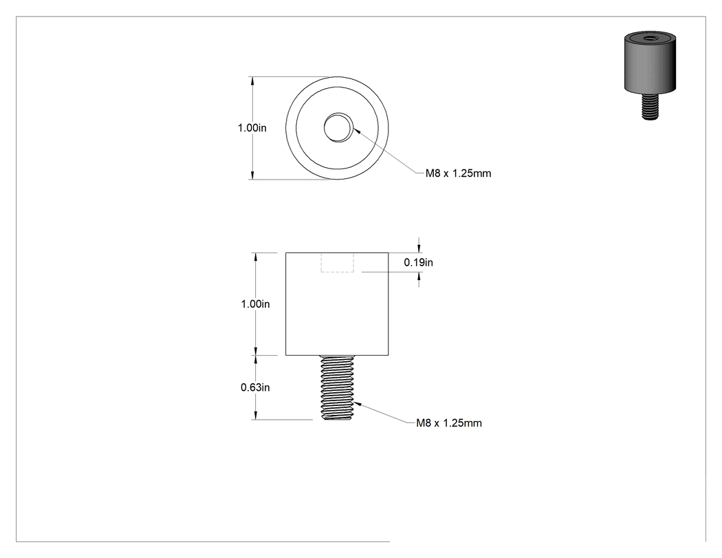 Teknik Çizim - Doğal Kauçuk Titreşim Sönümleyici Sandviç Montaj, M8 x 1.25 mm Dişli Çelik Saplama ve Ek Parça, 55 lbs. Kapasite