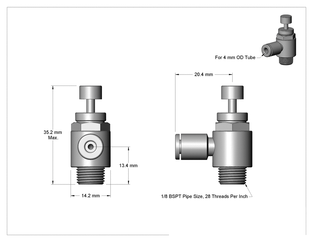 Teknik Çizim - Hassas Ayarlı Dirsek Hava Akış Kontrol Vanası, 4 mm Giriş Borusu Dış Çapı x 1/8 BSPT Erkek Çıkış