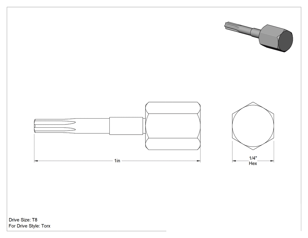 Teknik Çizim - Paslanmaz Çelik Vidalar için Torx Ucu, 1/4" Altıgen Şaft, T8 Boyutu