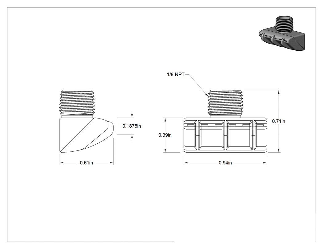 Teknik Çizim - Geniş Hava Akışlı Hava Nozulu, Dikey, 316L Paslanmaz Çelik, 1/8 NPT Erkek, 14 CFM @ 100 PSI