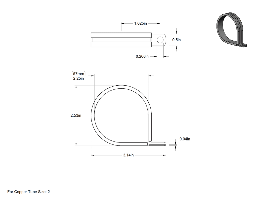 Teknik Çizim - Titreşim Sönümleyici Halka Kelepçe, Çinko Kaplı Çelik, Silikon Yastık, 2-1/4" İç Çap, 3-1/8" Uzunluk