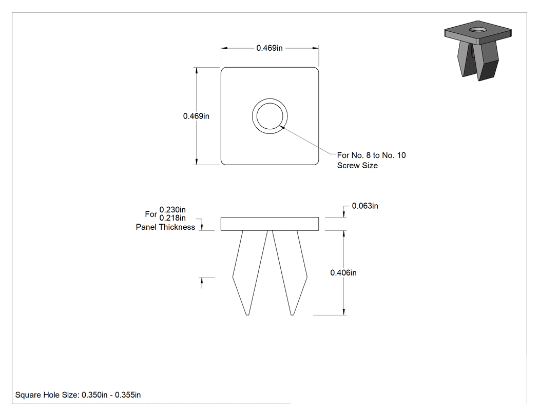 Teknik Çizim - Naylon Kafes Somun, Kare, 8 ve 10 Numaralı Vidalar için, 0.218"-0.230" Panel Kalınlığı için