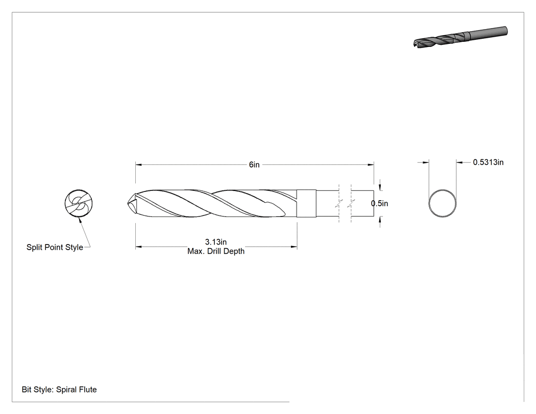 Teknik Çizim - 1/2" Çapında Daraltılmış Şaftlı Matkap Ucu, TiN Kaplamalı Kobalt Çelik, 17/32" Boyut