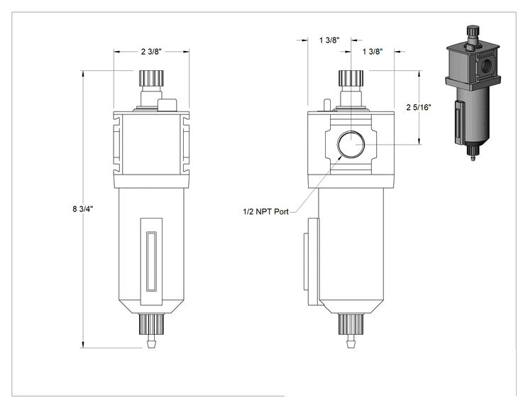 Teknik Çizim - Hava Yağlayıcı, Wilkerson L18, Alüminyum, 1/2 NPT Dişi