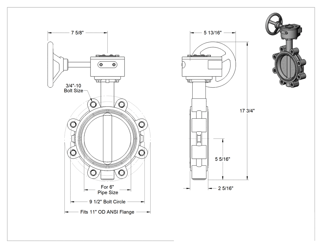 Teknik Çizim - Sfero Döküm Flanş Montajlı Akış Ayar Valfi, Su için Lug Valfi, 6 Boru Boyutu, -20° ila 225°F