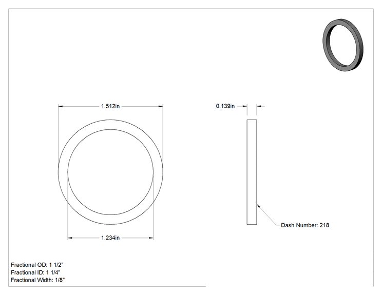 Teknik Çizim - Kimyasallara Dayanıklı Viton® Floroelastomer O-Ring, Kare Profil, 1/8 Kesirli Genişlik, Dash No. 218