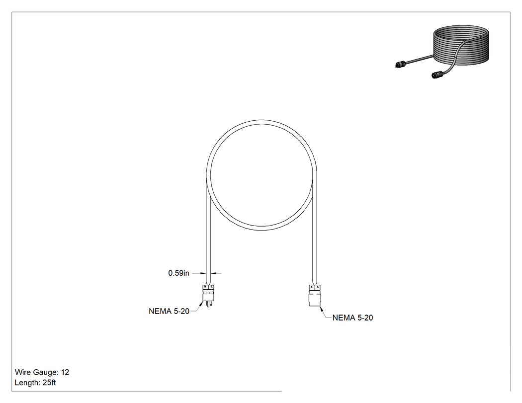 Teknik Çizim - Uzatma Kablosu, Aşınmaya Dayanıklı, NEMA 5-20, 25' Uzunluk, 12 AWG