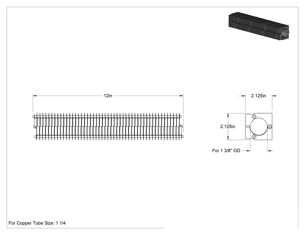 Teknik Çizim - Kelepçeli Isı Emici, 1-1/4 Bakır Boru ve 1-3/8" Boru Dış Çapı için, 12 inç Toplam Uzunluk