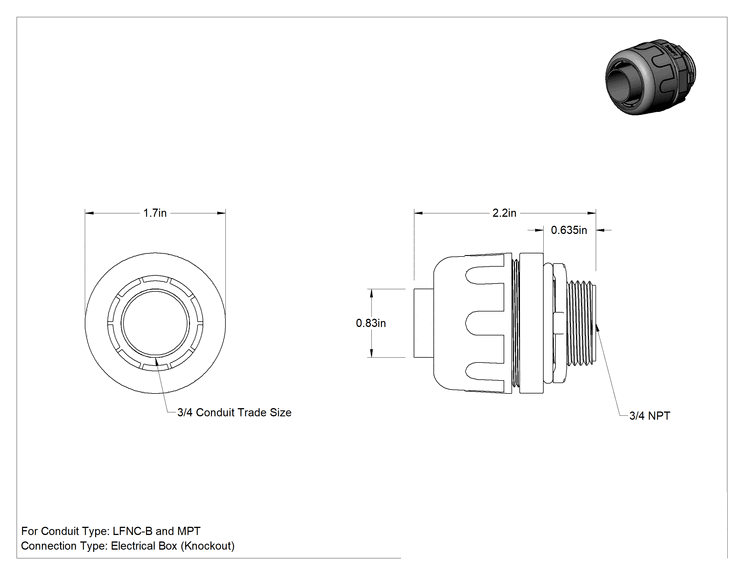 Teknik Çizim - Sıvı Geçirmez Esnek Plastik Kanal Adaptörü, Düz, 3/4 Geçmeli Dişi x 3/4 NPT Erkek, Gri