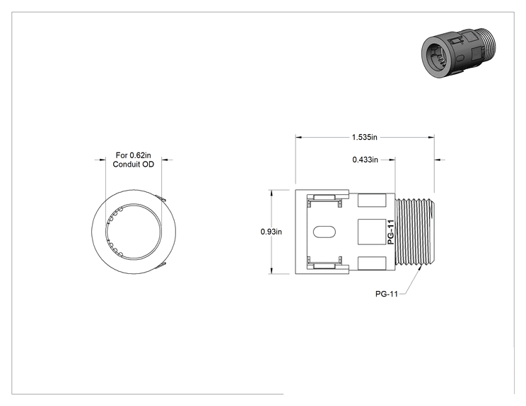 Teknik Çizim - Sürekli Esnek Plastik Kanal Bağlantı Parçası, Düz, 0.62" Dış Çaplı Geçmeli Dişi x PG-11 PG Erkek
