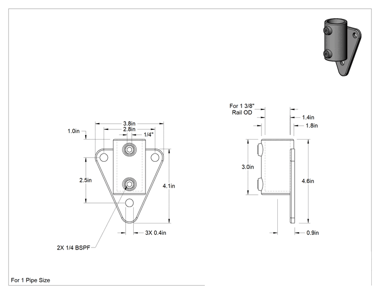 Teknik Çizim - Galvanizli Demir Kayar Ray Bağlantı Parçası, 1-3/8" Ray Dış Çapı için Gömme Ray Ucu
