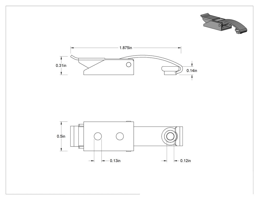 Teknik Çizim - Çekme Mandalı, Düğme Karşılıklı, Çinko Kaplı Çelik, 1-7/8" Uzunluk x 1/2" Genişlik