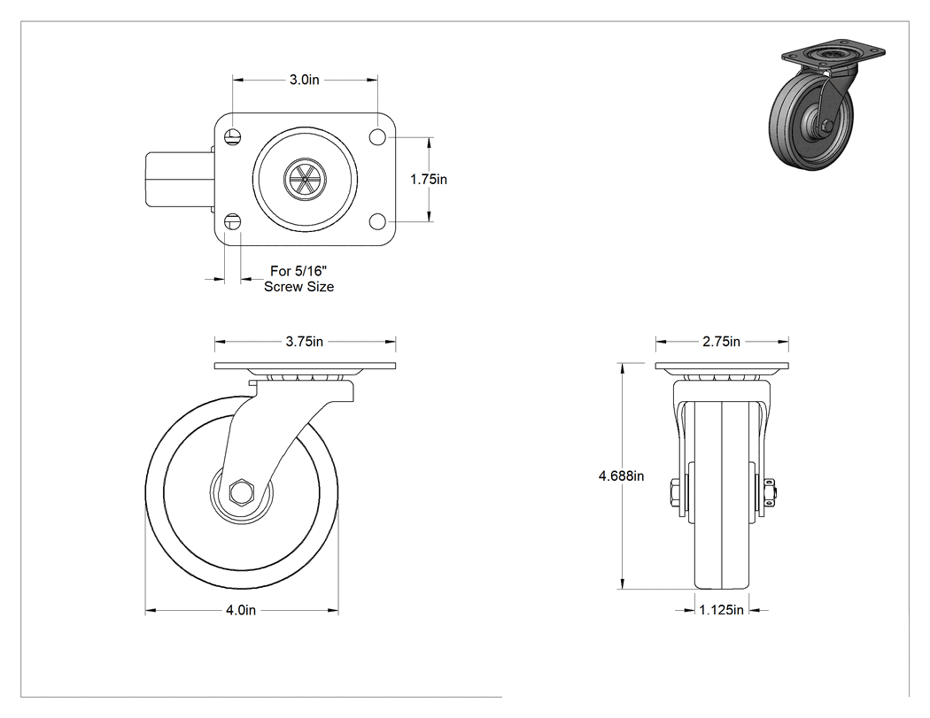 Teknik Çizim - Cart-Smart Tekerlek, 4" Çaplı 90A Sertlikte Polipropilen Tekerlekli Döner Tekerlek