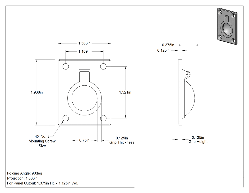 Teknik Çizim - Montaj Plakalı Gömme Katlanır Çekme Kolu, Parlatılmış 316 Paslanmaz Çelik, 1-1/16" Çıkıntı