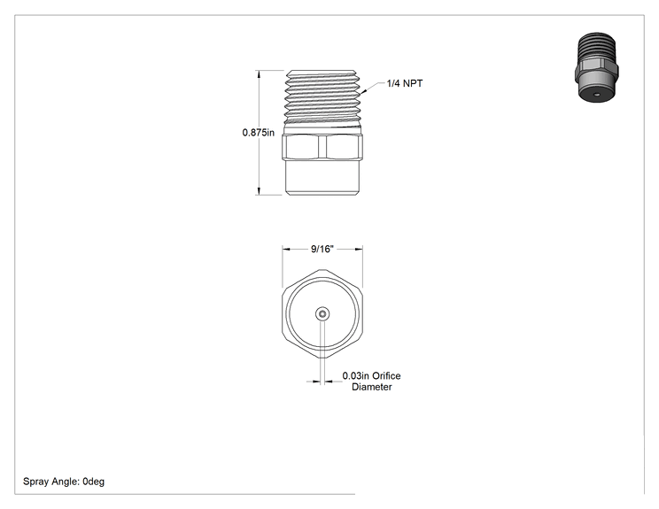 Teknik Çizim - Yüksek Basınçlı Püskürtme Nozulu, Katı Akış, 416 Paslanmaz Çelik, 1/4 NPT Erkek, 0.55 gpm @ 300 PSI