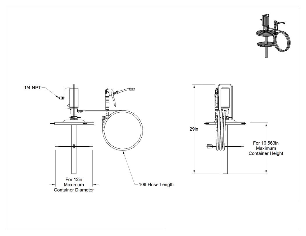 Teknik Çizim - Pnömatik Konteyner Montajlı Gres Dağıtıcı, 35 lbs. kova için, 12" x 16-9/16" Konteyner, Booster Tabancası