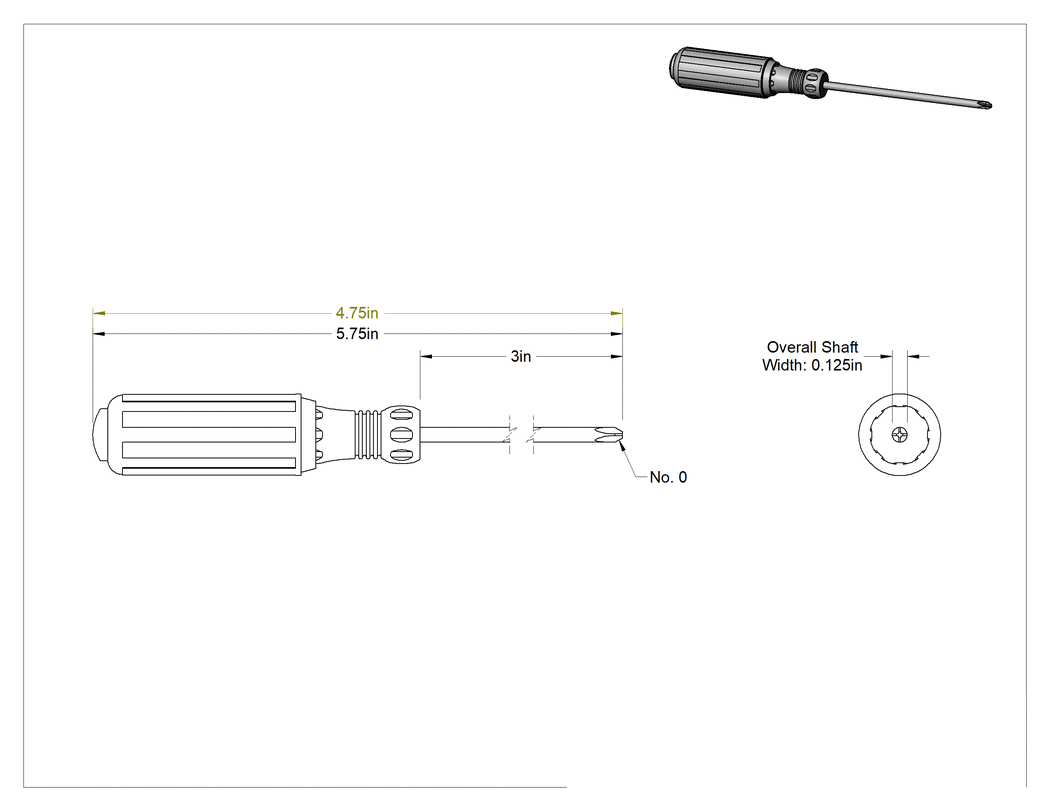 Teknik Çizim - Yastıklı Tutamaklı Tornavida, Numara 0 Phillips Tahrik, 5-3/4" Toplam Uzunluk