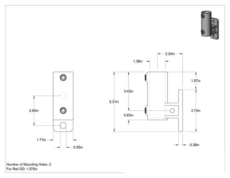 Teknik Çizim - Galvanizli Demir Kayar Ray Bağlantı Parçası, 1-3/8" Ray Dış Çapı için Ofset Ray Ucu