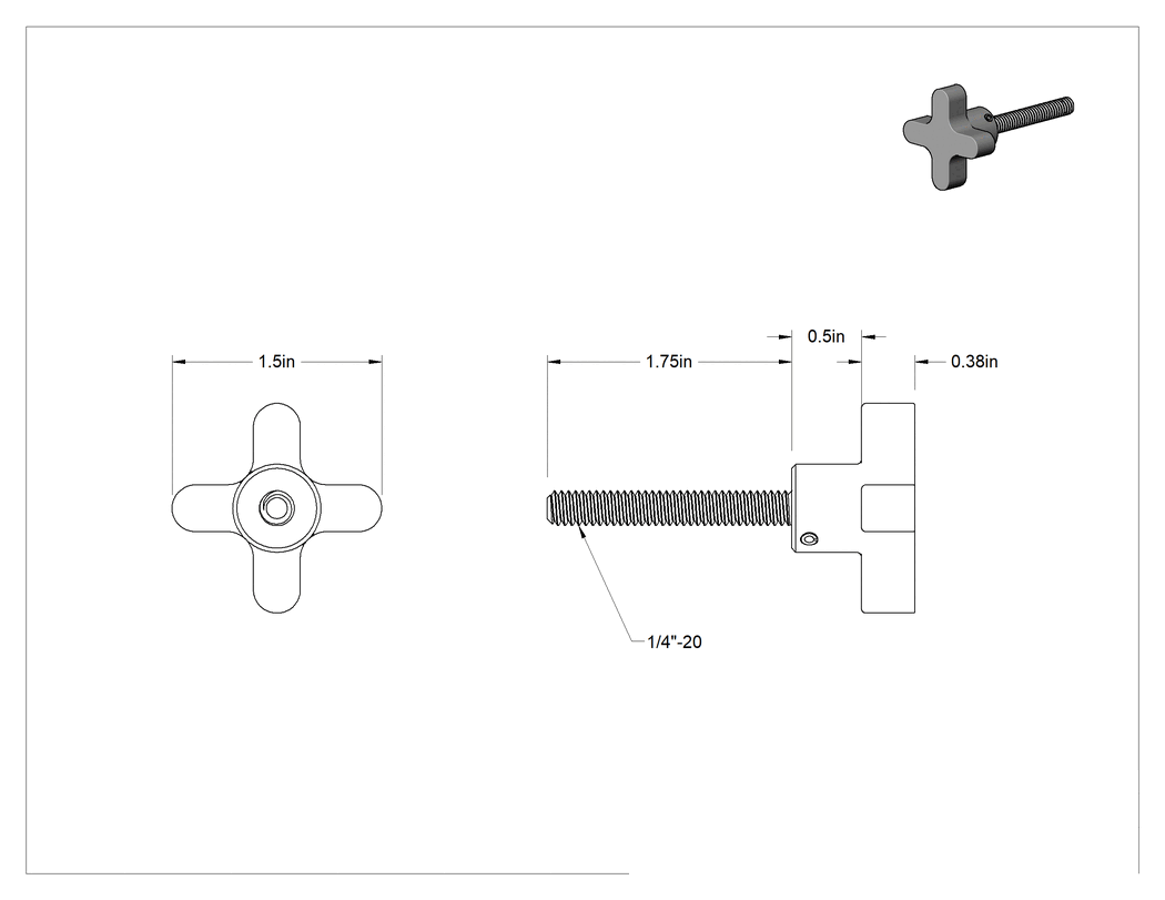 Teknik Çizim - Demir Dört Kollu Topuz, 1/4"-20 Dişli, 1-3/4" Uzunluğunda Saplama
