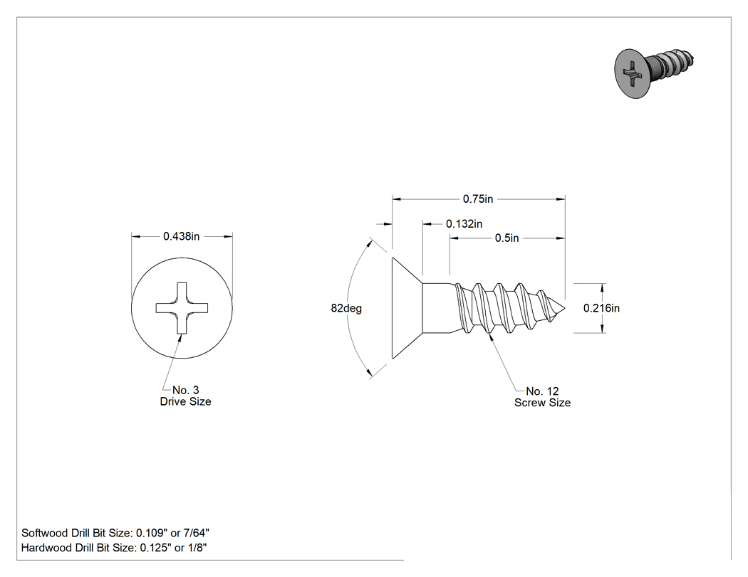 Teknik Çizim - Ahşap için Phillips Havşa Başlı Vidalar, Çinko Kaplı Çelik, 12 Numaralı Boyut, 3/4" Uzunluk