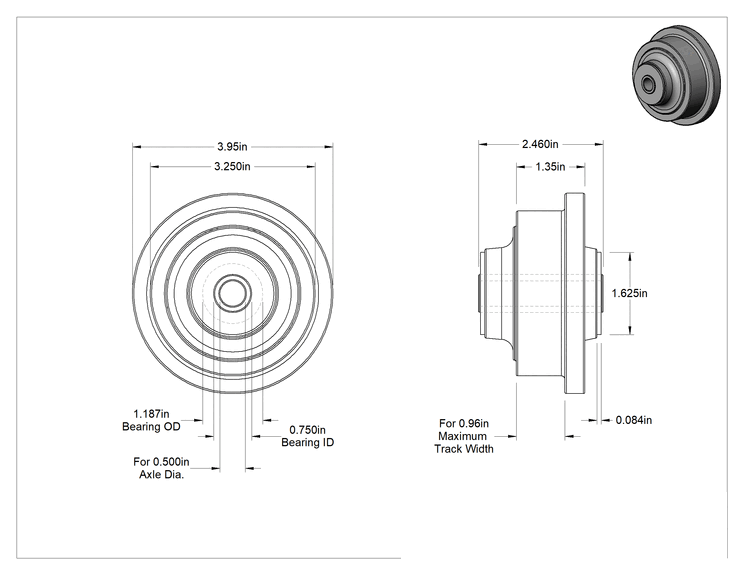 Teknik Çizim - Flanşlı Ray Tekerleği, 1/2" Aks için, 3-1/4" Çap x 1-3/8" Genişlik
